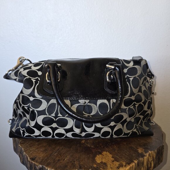 Coach Ashley Black Signature C Patent Leather Satchel F15443 Convertible Bag - Picture 14 of 16
